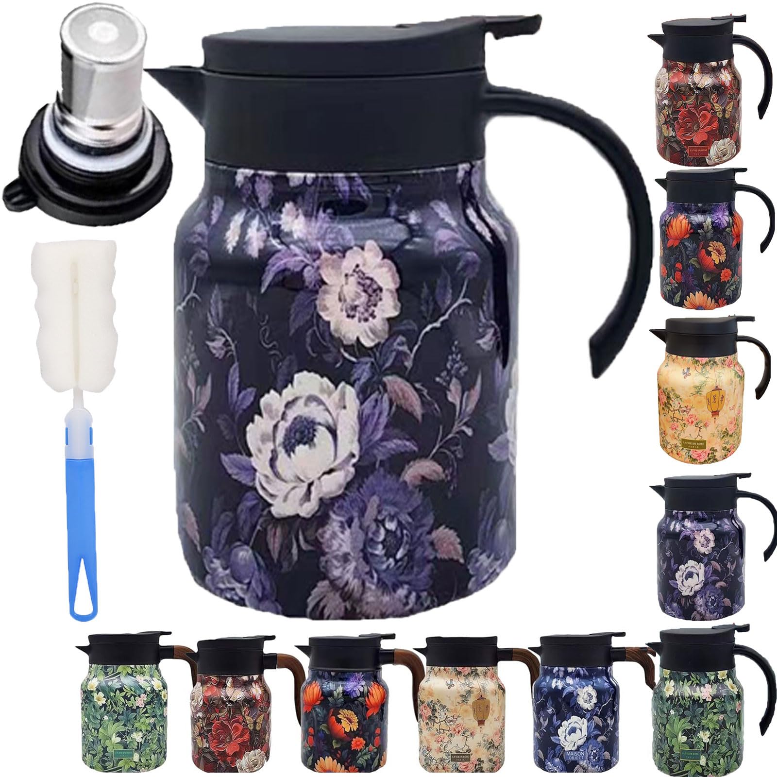 haccen Tea Pot with Infuser, Vintage Floral Pattern Tea Pot – Built-in Infuser, 35 Oz Stainless Steel Tea Pot Long Time Insulation for Hot & Cold