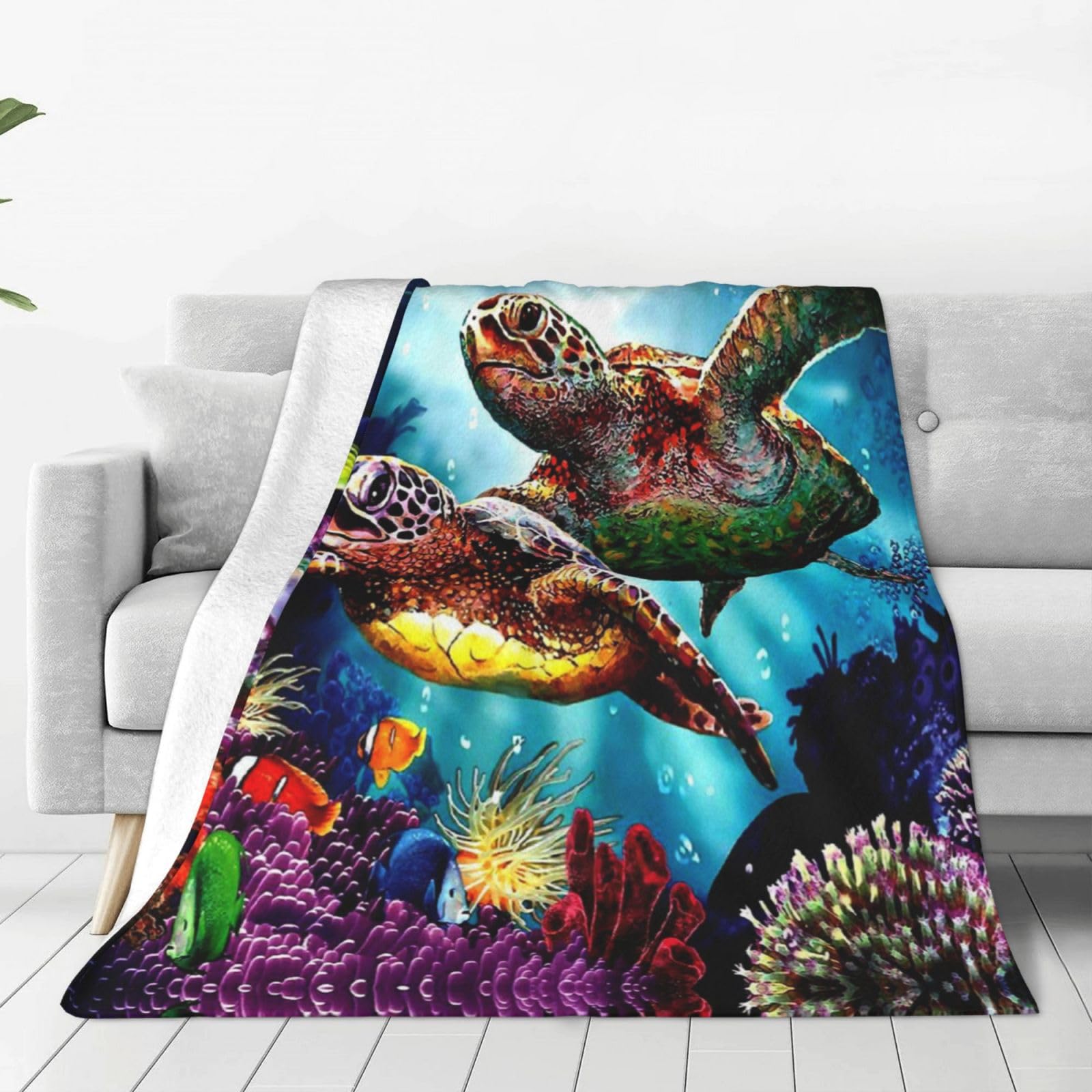 Couverture polaire tortue de mer en flanelle douce et chaude pour lit 150x130