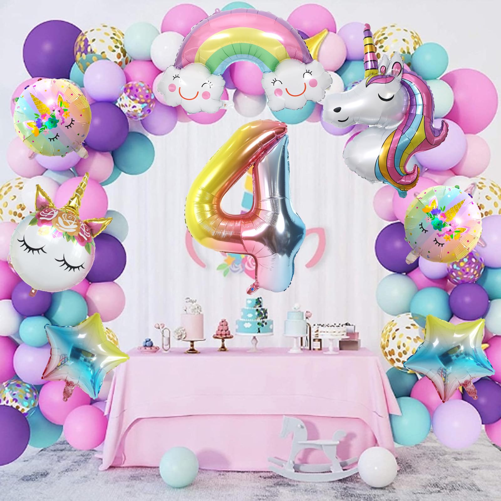 eenhoorndecoraties kinderfeestjes, eenhoornfeestdecoraties met 4D-ballonnen, eenhoornverjaardagsdecoraties voor 2-jarige meisjes, kleurrijke banners en taartdecoraties, eenhoorncadeaus voor meisjes
