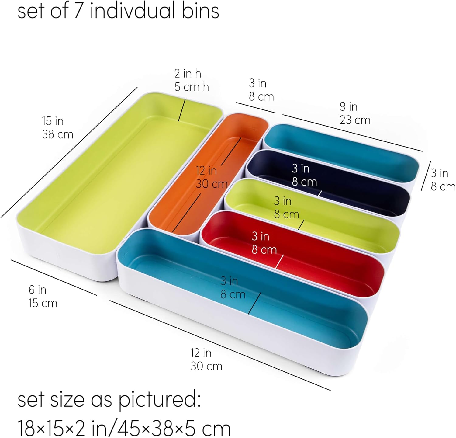 Three by Three Seattle Metal Stacking Drawer Organizers – 7-Piece Utensil Set, 2″ Deep (Classic Multi) – Customizable & Food-Safe Kitchen Drawer Storage