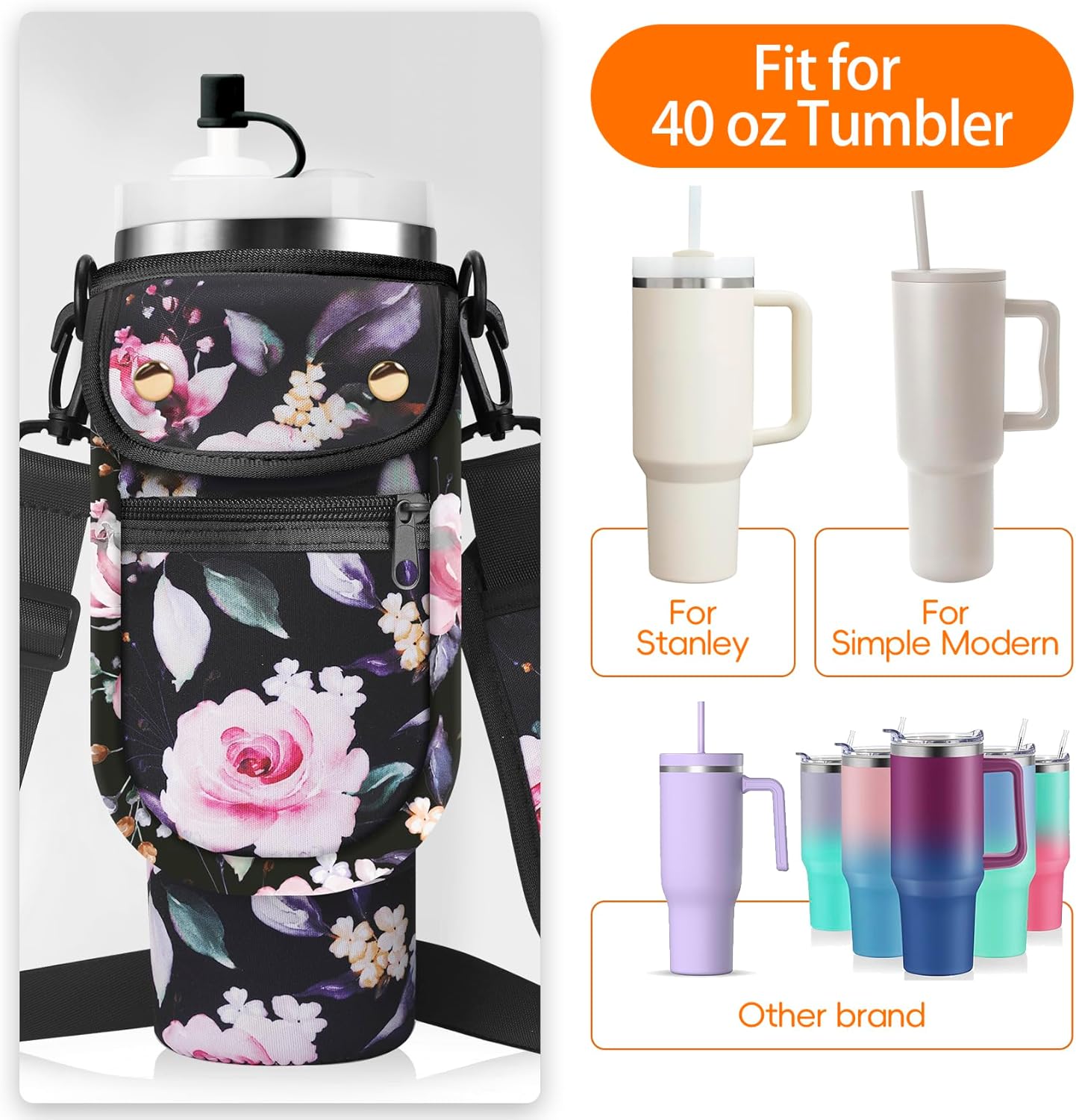 Water Bottle Carrier Bag with Phone Pocket for Stanley 40/30 oz Tumbler Neoprene Insulated Mug Sleeve Pouch with 2 Pockets & Adjustable Strap & Straw Cover for Stanley Cup Accessories - Image 3