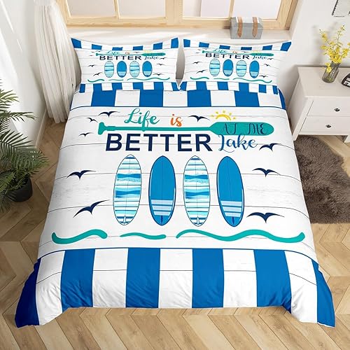 Erosebridal Funda de edredón náutica para niños y niñas, juego de ropa de cama azul y blanco oceánico, funda de edredón de tabla de surf Hawaii,