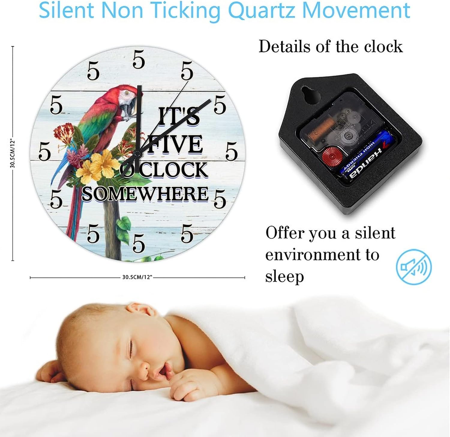 Wood Clock It's 5 O'Clock Somewhere Parrot Wooden Silent & Non-Ticking Tiki Decor for Outside Patio Round Clock for Kids Room and Kitchen 12 Inch