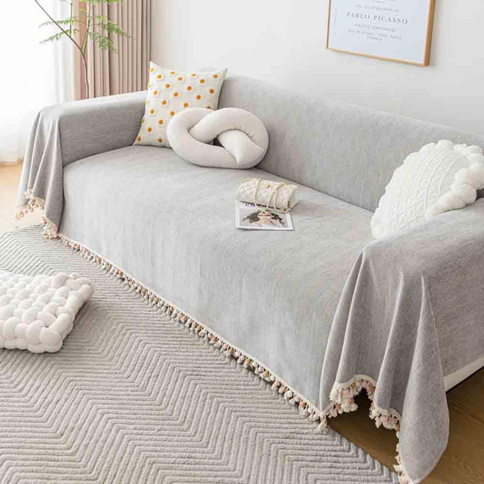 Chenille Sofa Throws for 3 & 4 Seater, Large Couch Throw with Decorative Tassels, Washable Breathable Sofa Blanket Cover, L-180x230cm/70.87x90.55in