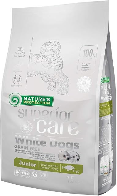 Nature's Protection Superior Care White Dogs (Maltese, Bichon Frise etc.) Dry Food I Junior (from 3 to 12 months age) Small and Mini Breeds I With White Fish I Grain Free I No Tear Stain, 1.5 kg