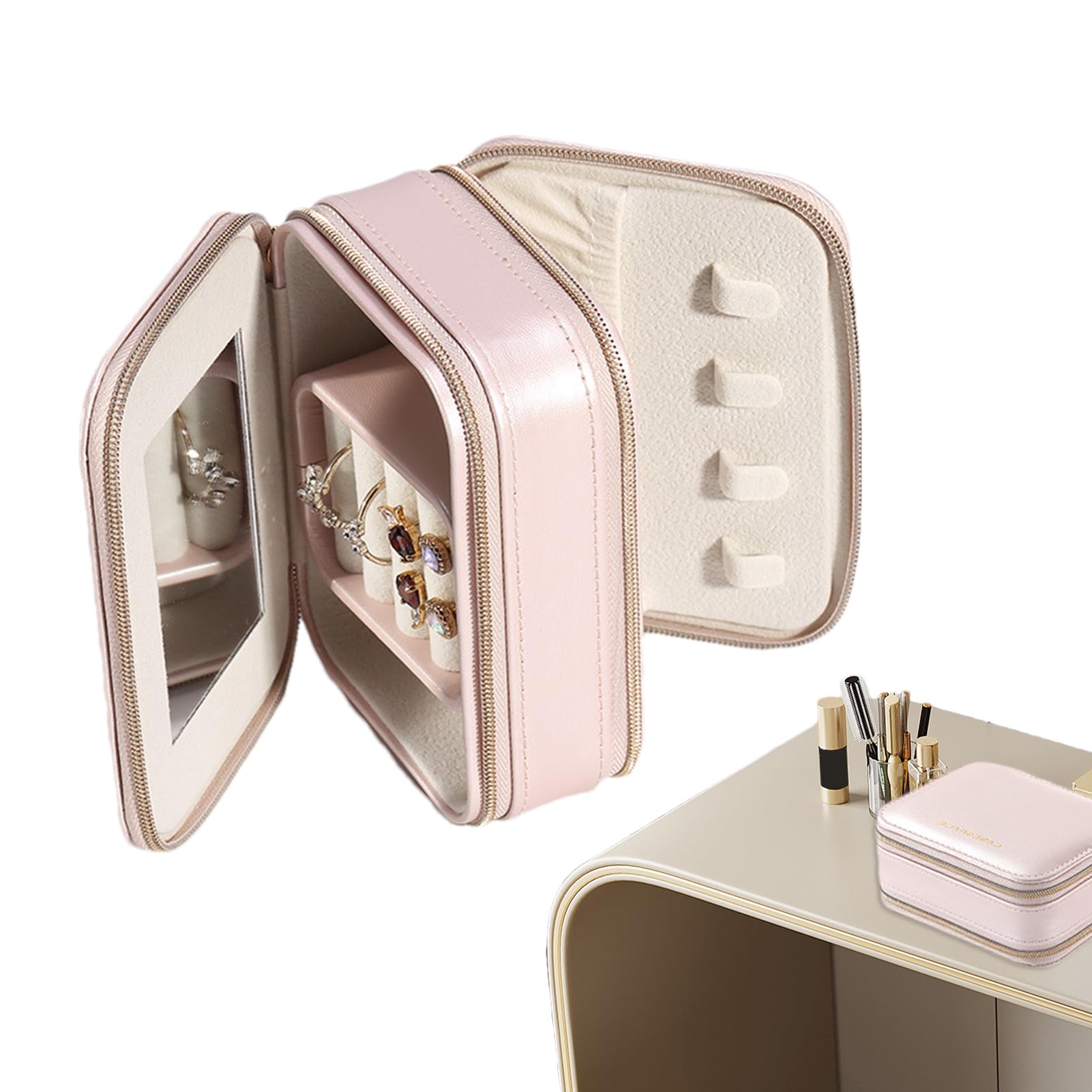 Boîte à bijoux portable de voyage pour femme avec petit miroir intégré