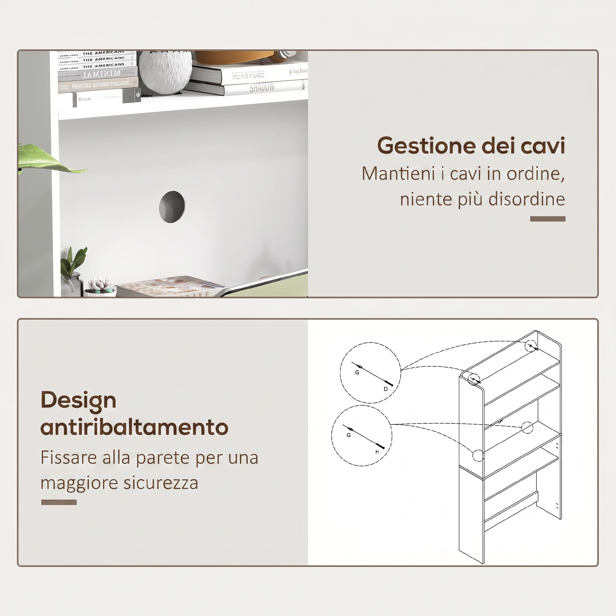 HOMCOM Scrivania con Libreria, Piano Pieghevole, 80x69x155 cm, Bianco | 2 Ruote e 4 Ripiani, Scrivania Salvaspazio Moderna con Foro Passacavi, Tavolo per Computer, Casa Ufficio Studio