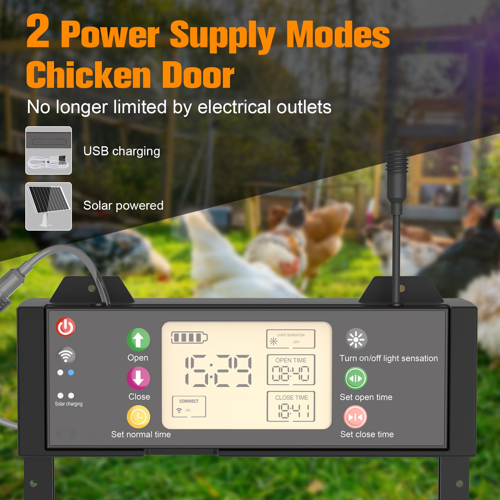 Puerta automática de pollo solar de aluminio, tapa eléctrica para pollos con aplicación WiFi, sensor de luz, temporizador, mando a distancia, pantalla LCD, batería de 4000 mAh y protección contra