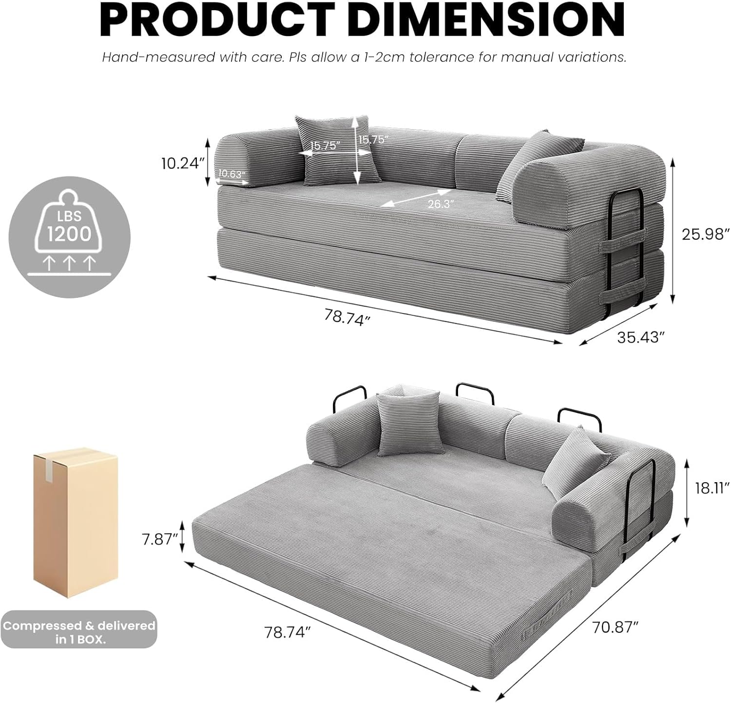 79'' Sleeper Couch Bed, 5 in 1 Convertible Floor Sofa, Folding Modular Couch with Pull Out Bed, Corduroy Sofa for Living Room Bedroom Lounge Area Apartment Guest Use (Light Gray)