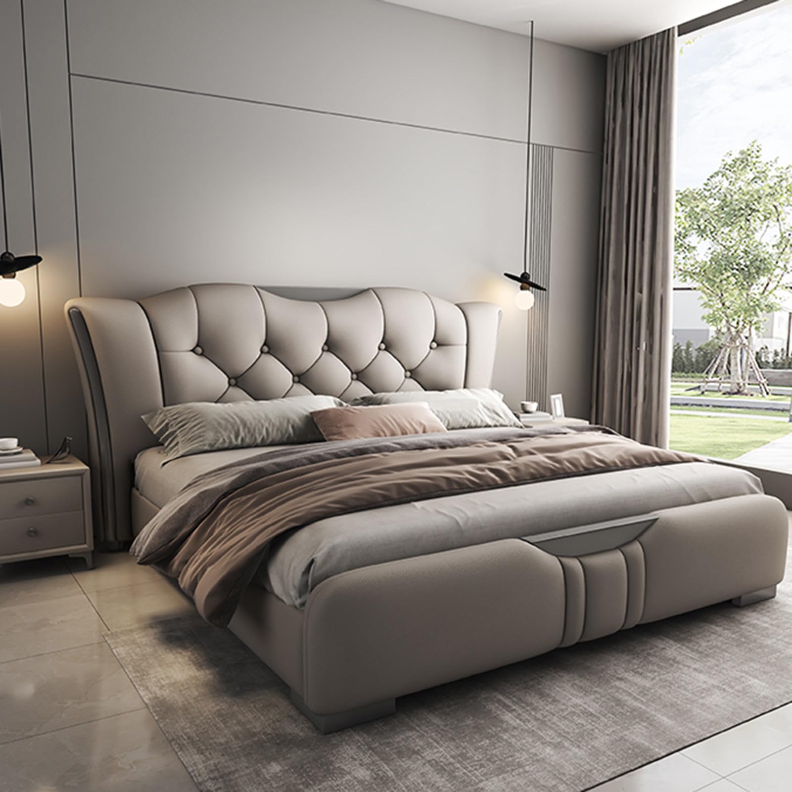 Luxury King Size Genuine Leather Wood Bed Upholstered Platform Bed Frame Thick Padded Headboard with Wooden Slats Support