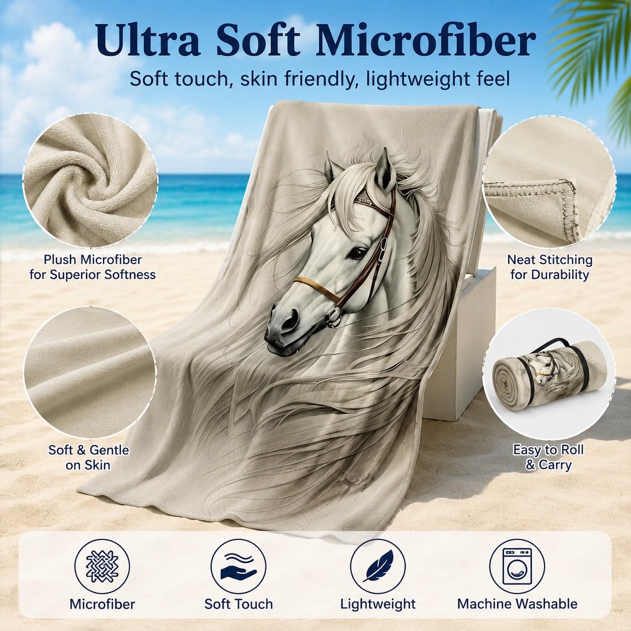 Serviette de Plage Cheval Blanc Microfibre Rapide 200x200 cm