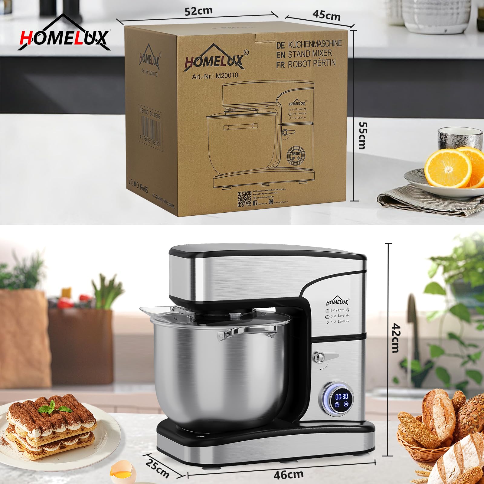 HOMELUX Küchenmaschine 2800W, Knetmaschine mit 16 Liter Edelstahl Schüssel, 12 Geschwindigkeitsstufen, LED-Touchscreen, Rührbesen, Knethaken, Schneebesen, Spatel und Spritzschutz, silberfarben