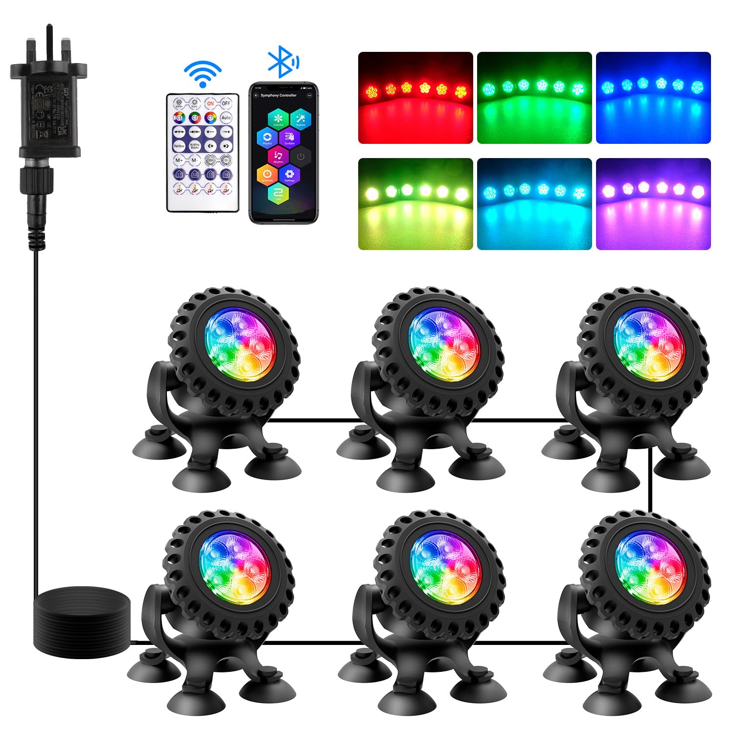 T-SUN Colored Pond Lights with Timer,LED Underwater Pond Light Submersible Fountain Lights for Fish Tank Landscape Spotlight-Bluetooth APP & Remote Control,IP68 Waterproof,Aquarium,Yard (6 Heads)