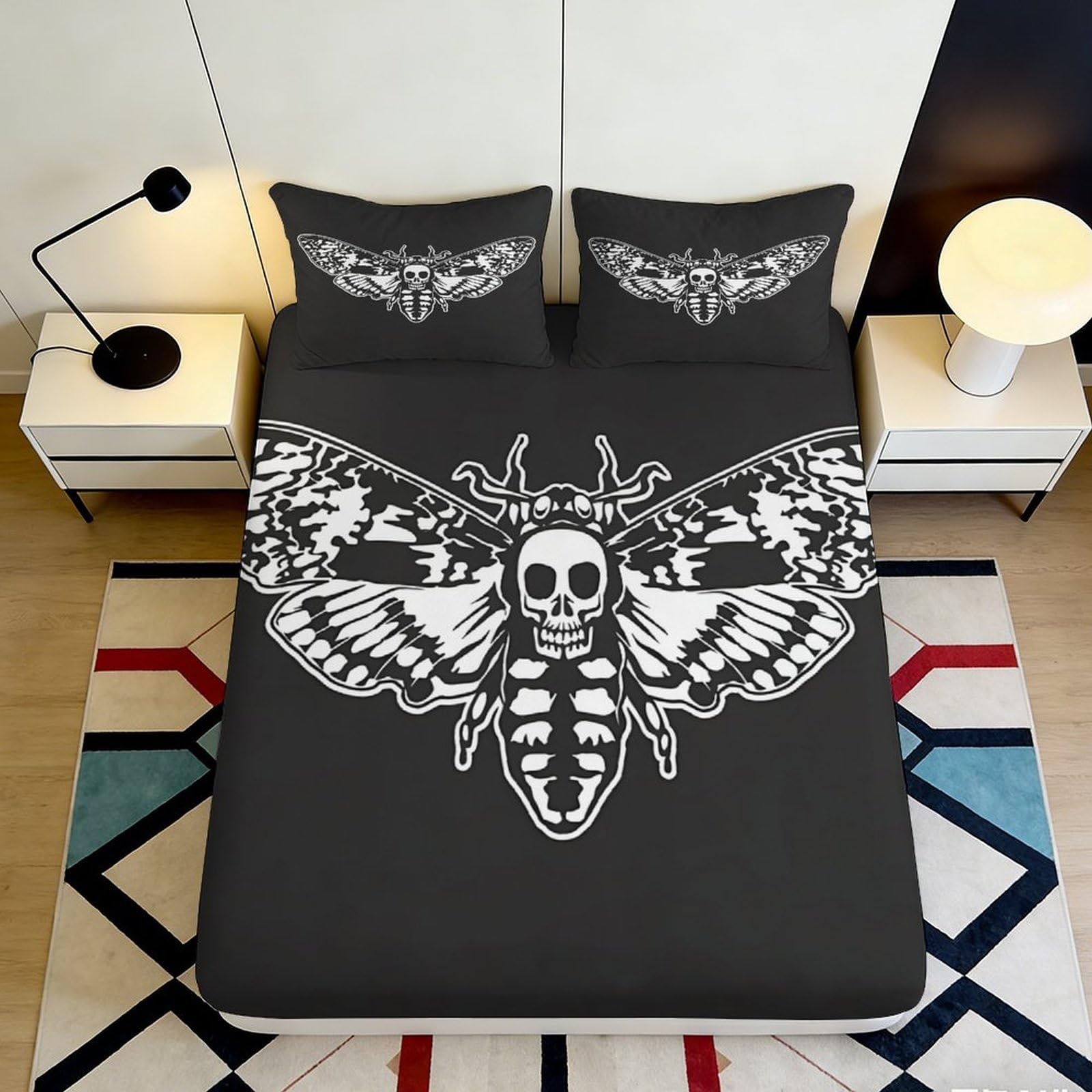 3D Printed Skull Moth Fitted Sheet Microfiber Soft Durable Skull Pattern Bed Cover for Bedroom Dormitory Guest Room Mattress Protection 120x200x25cm