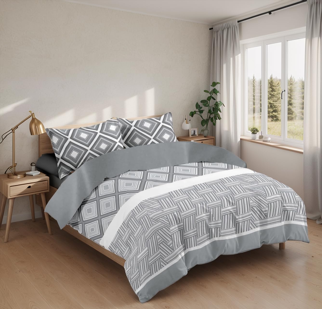 Juego de Funda Nórdica 3 Piezas Cama 90 Microfibra Suave Transpirable - 1 Funda Edredón 150x220 cm, 1 Bajera 90x200+28 cm y 1 Funda Almohada 50x110 cm (Cuadro Gris)