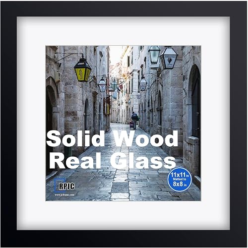 RPJC 11x11 Picture Frame Solid Wood, Fits 8x8 with Mat or 11x11 Without Mat, Real Glass Photo Frame with Easel Back, Wall or Tabletop Display, Gift-Ready in White Box, Black