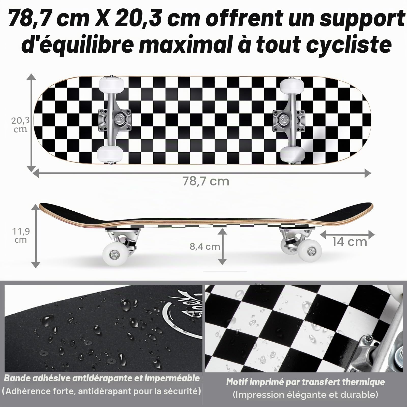 BELEEV Skateboard 31x8 pour Débutants, Enfants, Adolescents et Adulte, Complet Pro Cruiser Skateboard pour Fille Garcon, Érable Canadien 7 Couches, Double Plateau Concave avec Outil en T