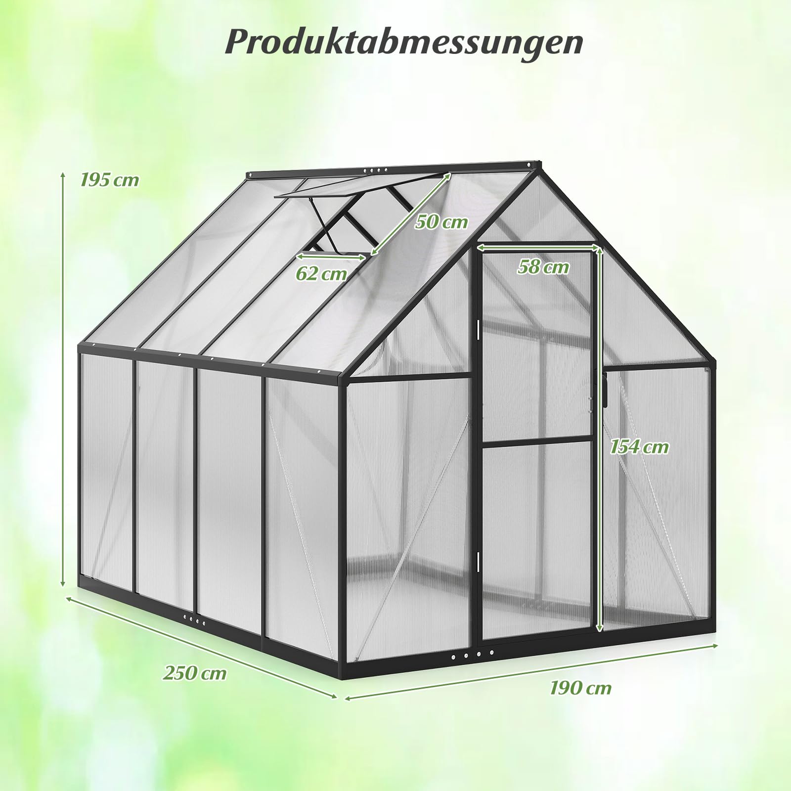 COSTWAY Gewächshaus mit Fundament, wetterfest aus Aluminimum, Treibhaus mit verstellbarem Dachfenster & Tür, 250 x 190 x 195 cm, Frühbeet und Pflanzenhaus für Tomaten Pflanzen, Outdoor Garten Balkon