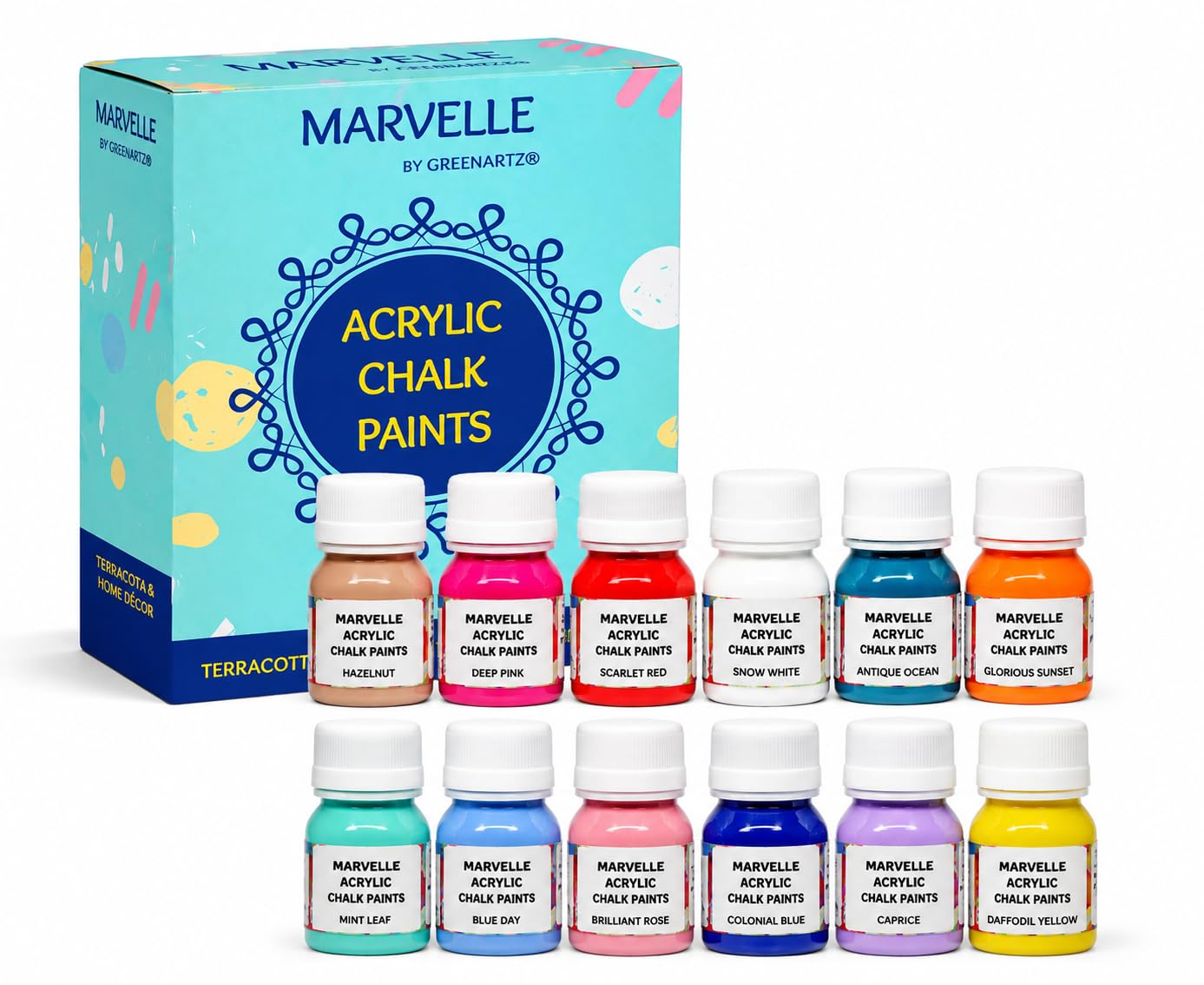 MARVELLE Acrylic Chalk Paints12 Shades for wood furniture walls canvas Non toxic 25ml each Intense/Pastel-image-4