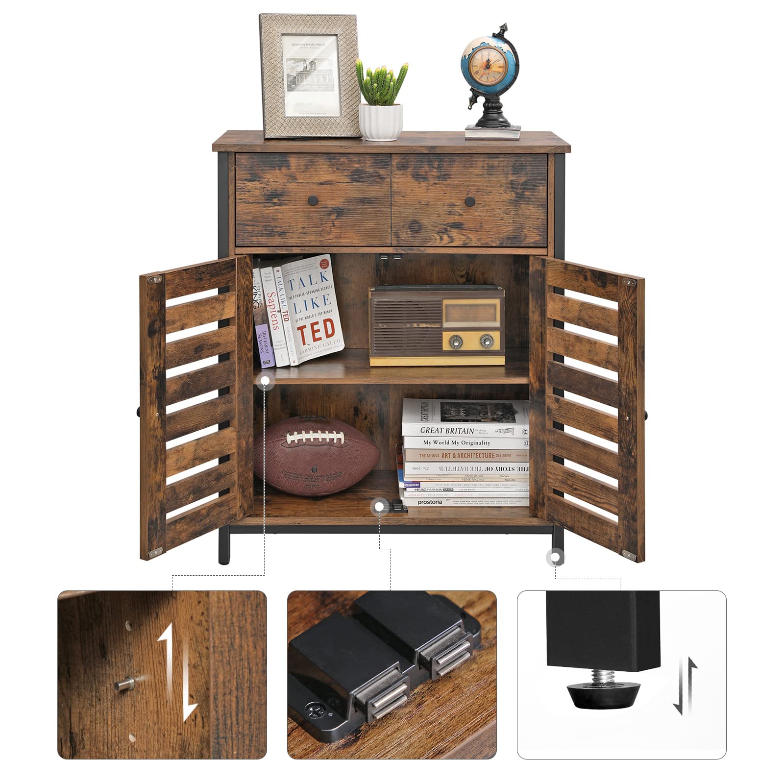 VASAGLE Bodenschrank, freistehender Schrank mit 1 Schublade und Ablage, Küchenschrank, Lamellentüren, für Wohnzimmer, Flur, Büro, Schlafzimmer, rustikales Braun LSC86BX