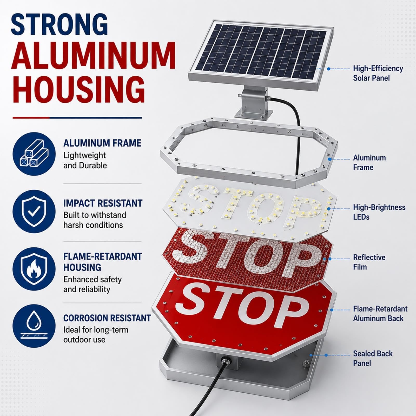 LED Verkehrszeichen STOP,Solarbetrieben,Aluminium,IP65,762 mm