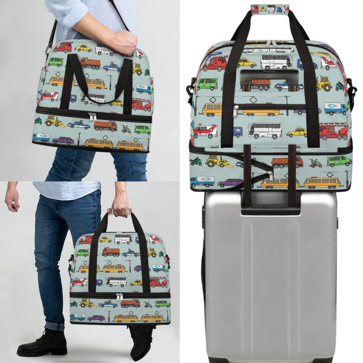 Bolsa de viaje plegable con diseño de coches de tráfico, bolsa de fin de semana de 47 litros con funda de carrito para deportes gimnasio viajes, multicolor, 47L, Bolsa de viaje