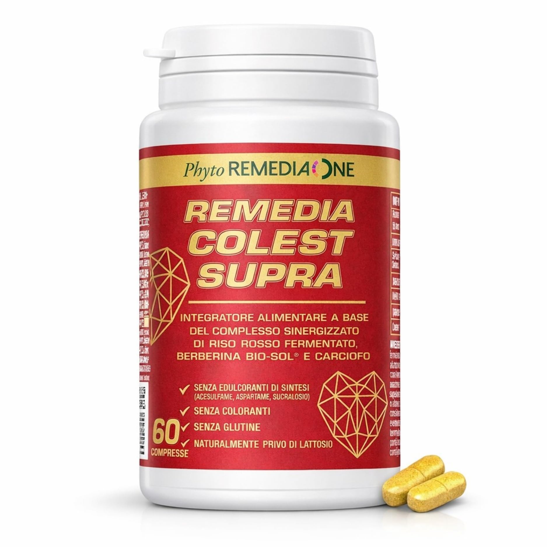 REMEDIA ONE Colest Supra - Integratore con Berberina Liposomiale e Riso Rosso Fermentato Colesterolo, Coenzima Q10, Carciofo, Melograno – 60 Compresse