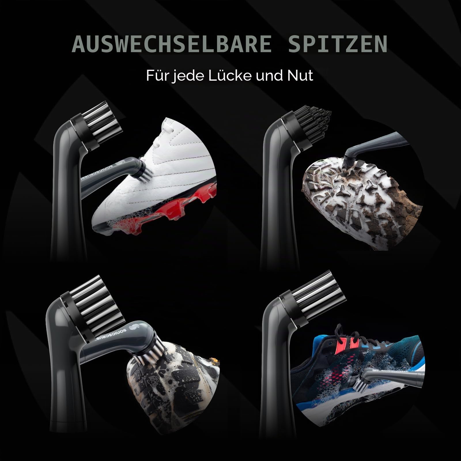 SonicScrubber Stiefelbürsten-Reinigungsset - Hochleistungsmotor - Wasserdicht - Leichtgewicht - Inklusive 4 Bürstenköpfen - Ideal für Outdoor-Schuhe - Schwarz und Blau