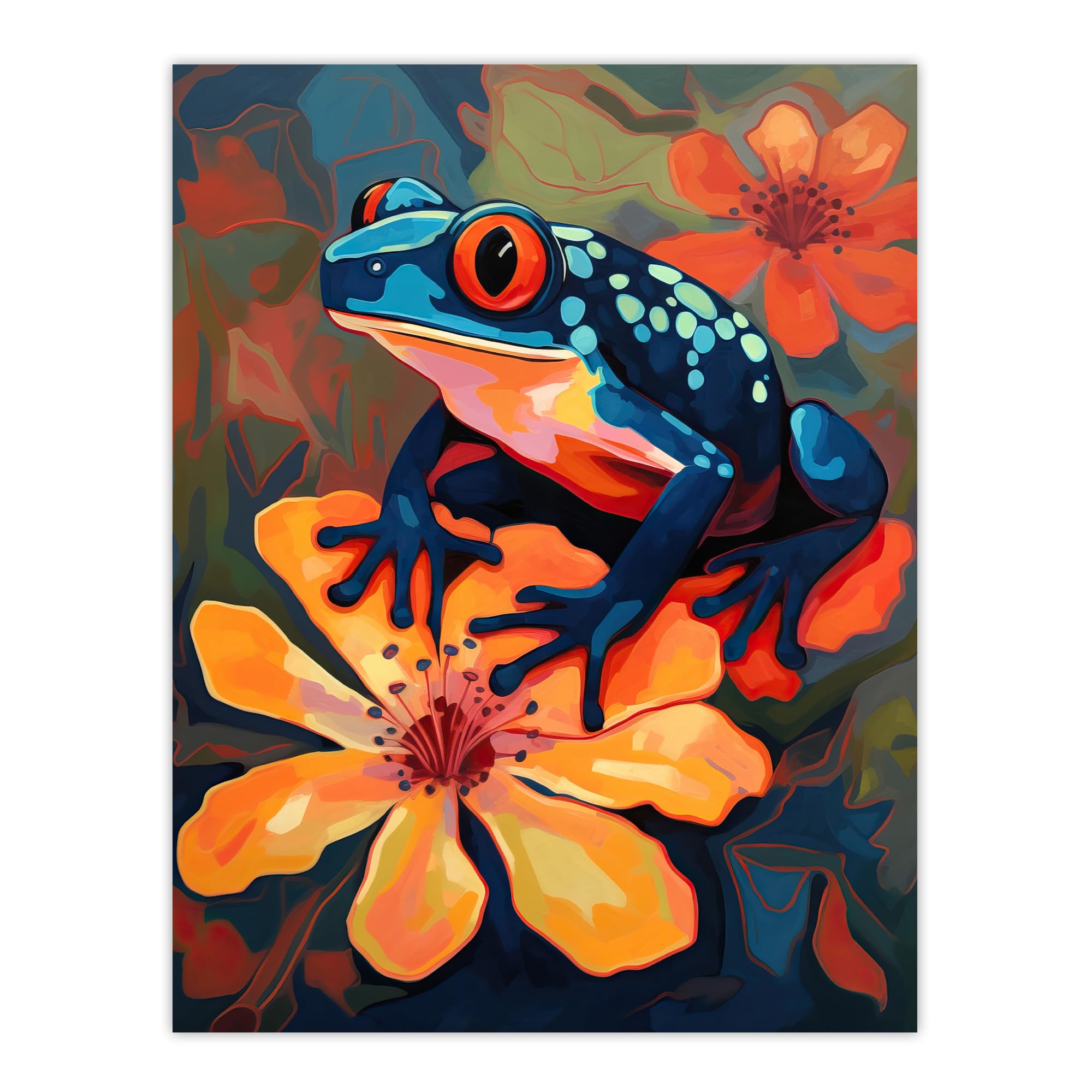 Artery8 Tropical Blue Frog On Orange Flower XL Wall Art Poster Print - W24 inch x H32 inch