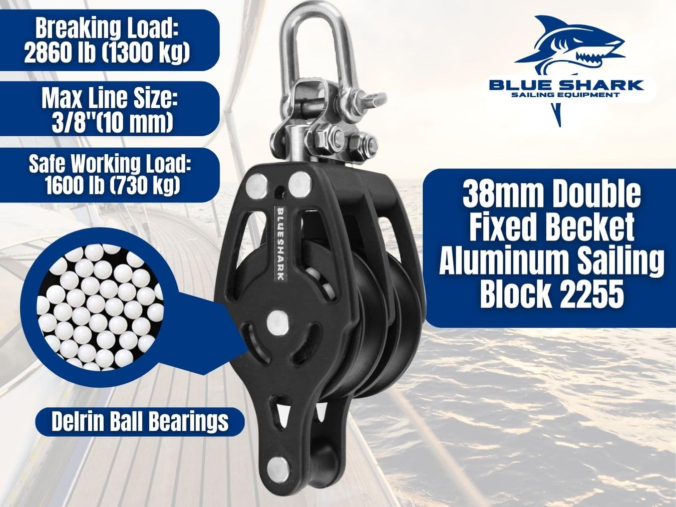 Blue Shark: 38mm Fixed Double Becket Aluminum Sailing Block Choose Quantity (1-Pack) 2255