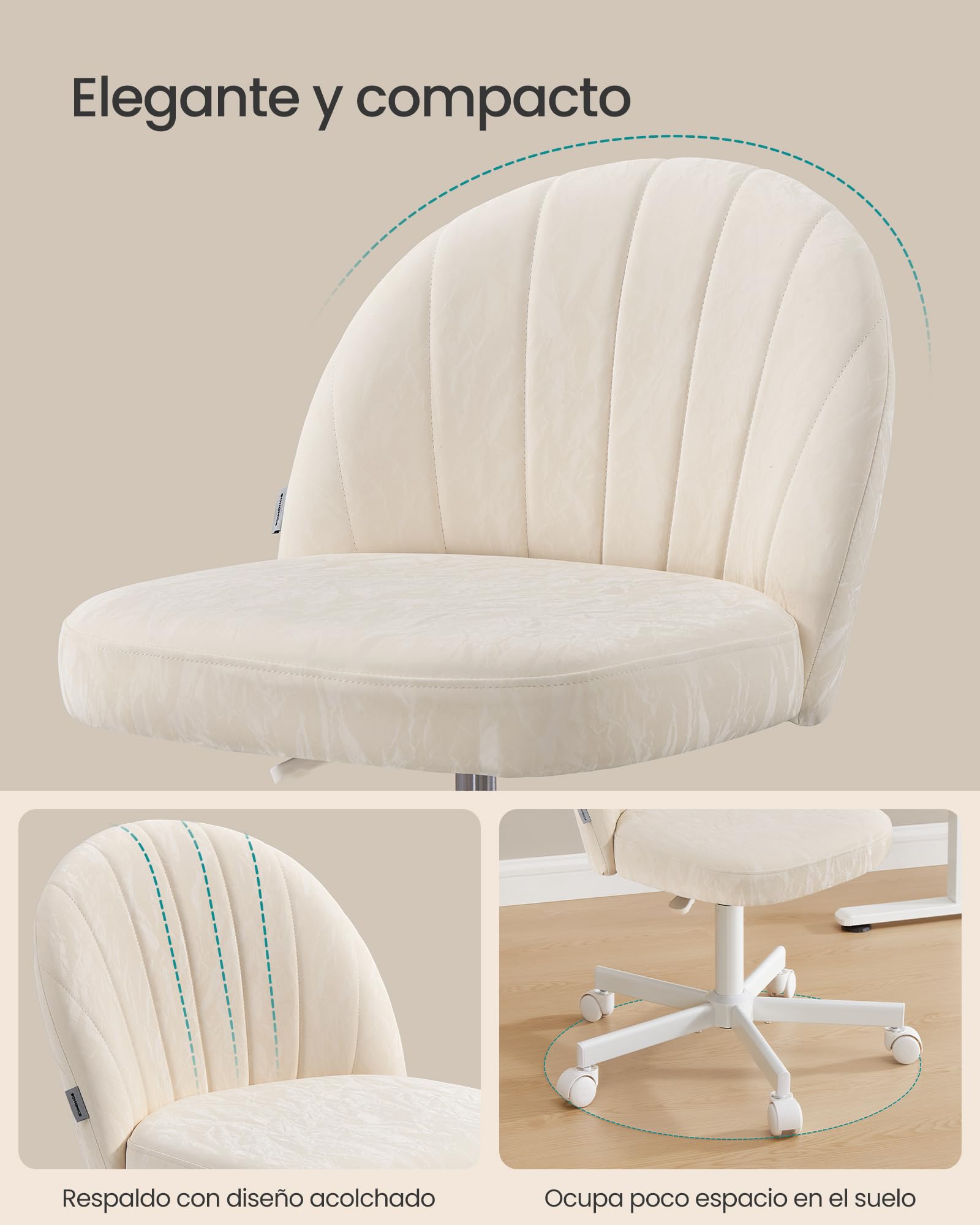SONGMICS Silla de Escritorio Giratoria sin Reposabrazos, de Cuero PU, Ergonómica con Altura Ajustable, 60 x 60 x 70,5-83,5 cm, Blanco, para Espacios Pequeños, OBG027W101