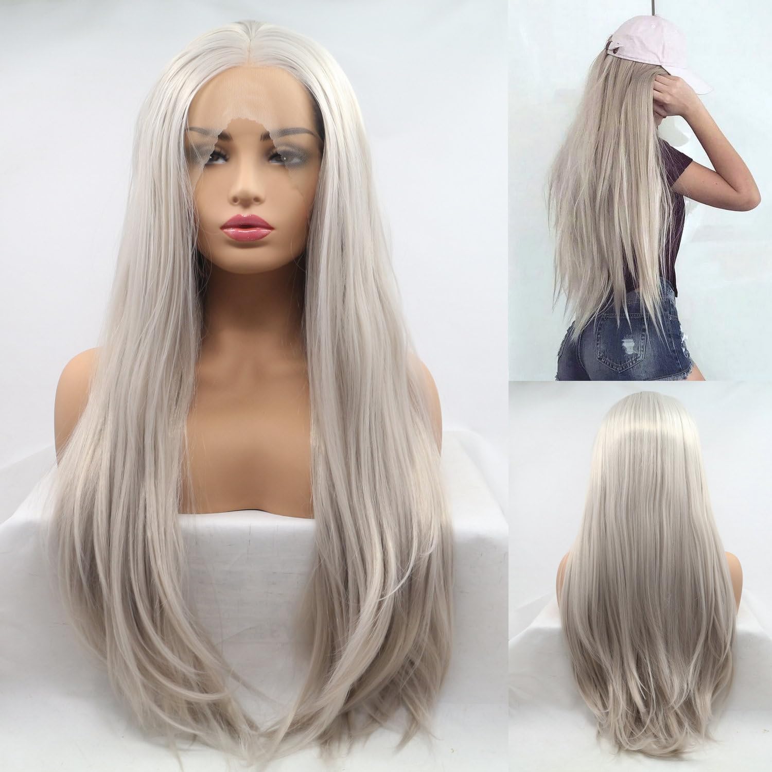 13x3" Pre Plucked Long Straight Colorful Wigs for Women Natural Looking Heat Resistant Fiber Synthetic Lace Front Wigs for Replacement/Party/Cosplay/Costume/Daily Use (Ash Blonde)
