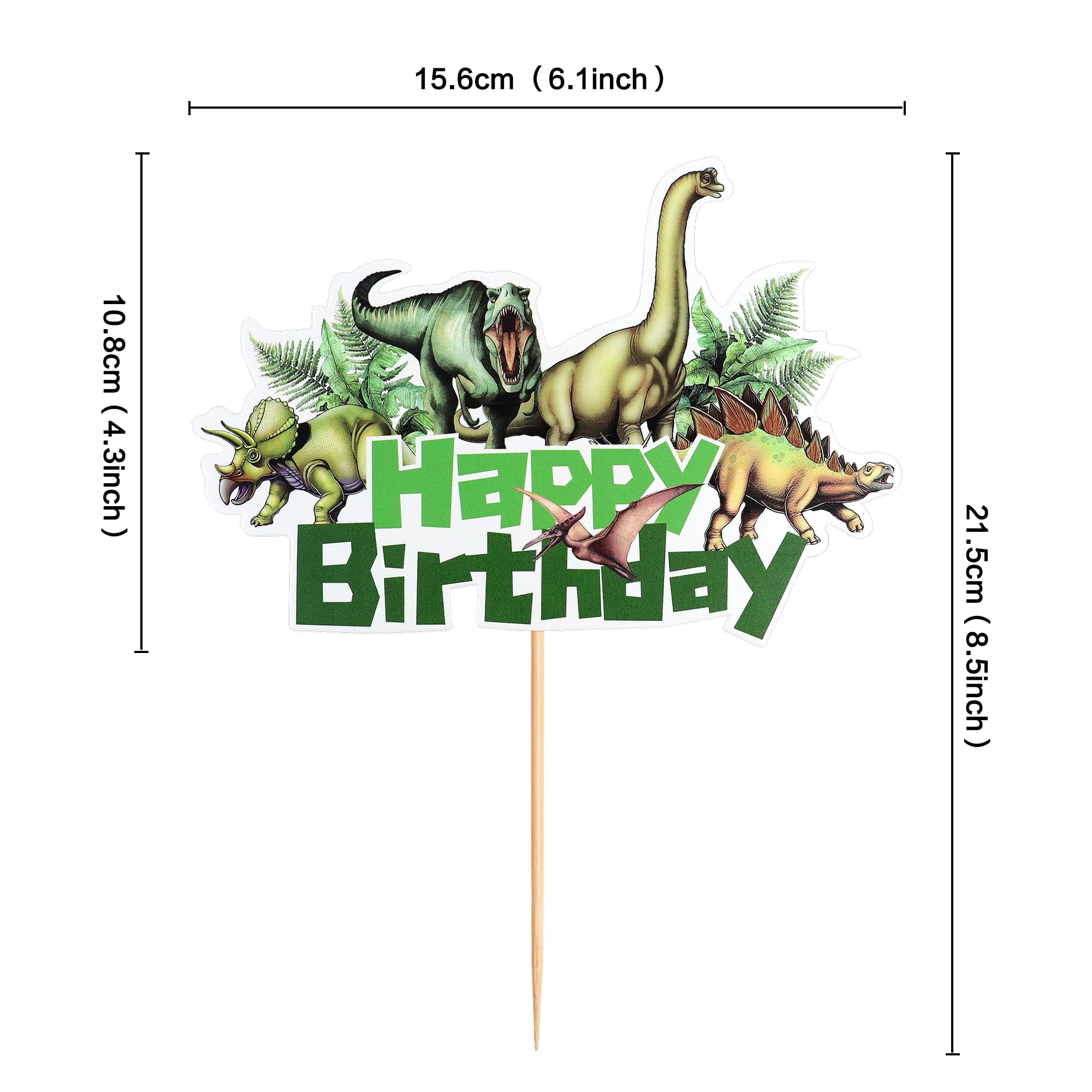 Ercadio 1Pack Wild Dinosaur Happy Birthday Cake Toppers, 24pcs (4 Designs Each), Realistic Dinosaur Happy Birthday Cake Picks with Tropical Leaves, Earth Tones