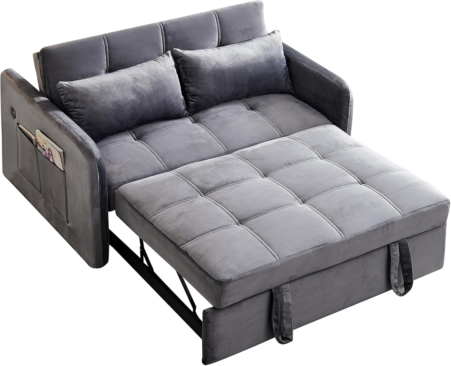 Quarte 55.5" Pull Out Sofa Bed,Modern Velvet Loveseat Sleeper Sofa Couch with 2 Lumbar Pillows,Pockets and USB for Small Living Room (Grey/55.5"#)