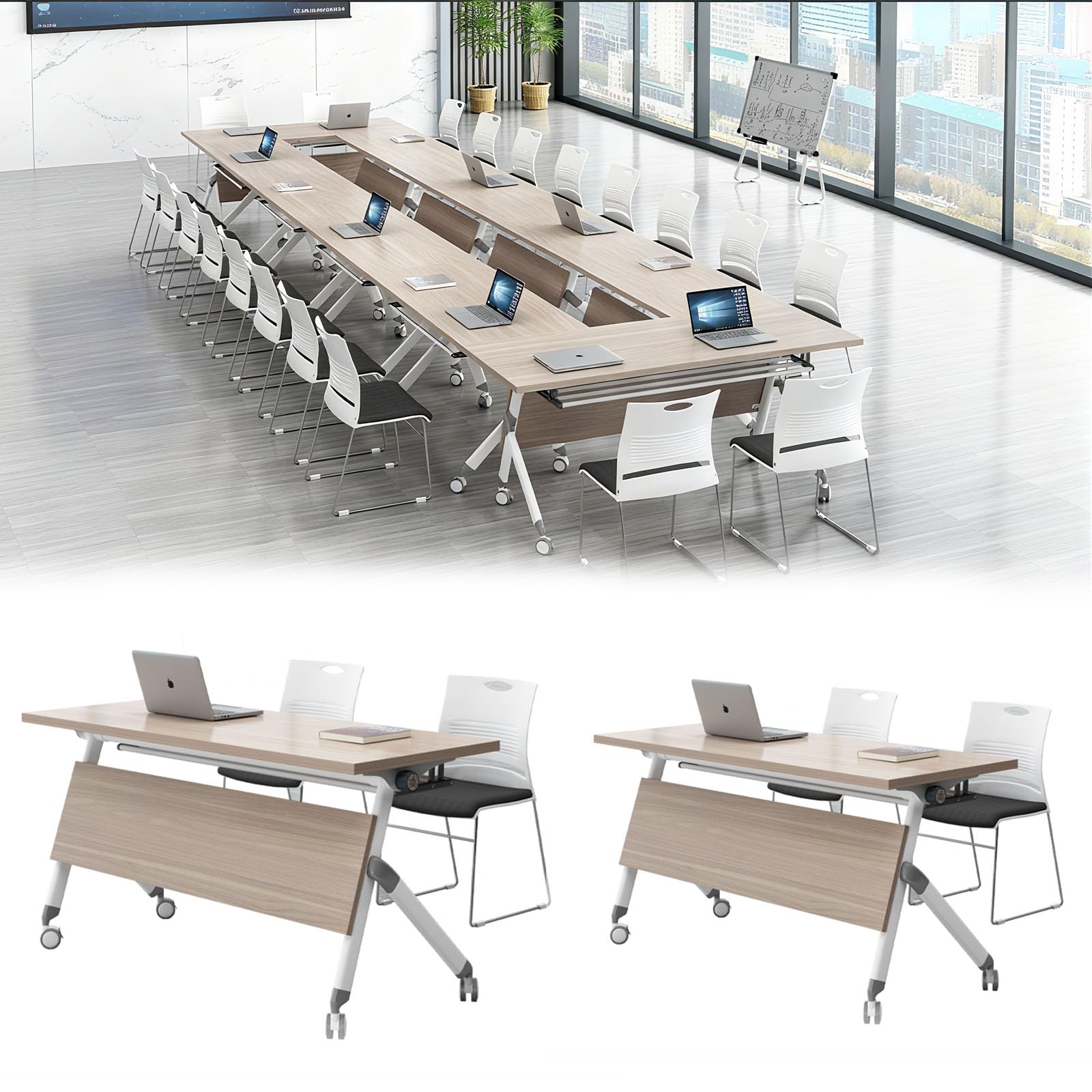 Lot de 2 tables de conférence pliantes avec roulettes, design modulaire pour bureau et salle de réunion, portable et peu encombrante, fourrure