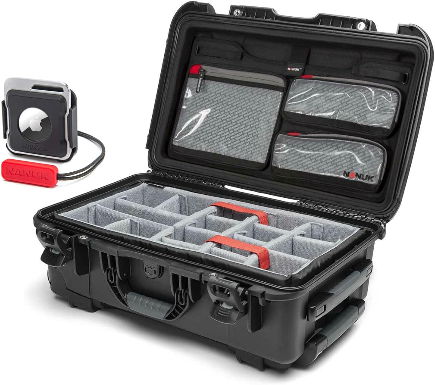 NANUK 935 Waterproof Carry-On Hard Protective Case with Lid Organizer, Wheels and Padded Divider (Black) Bundle Airtag Holder (2 Items)