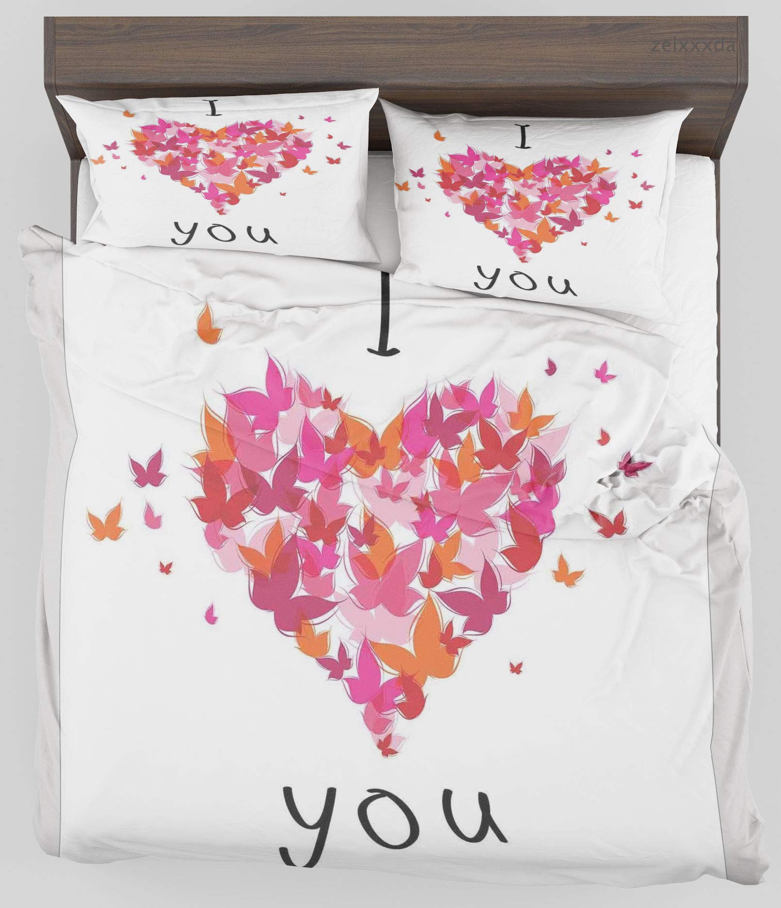ZELXXXDA Decor Bedding Set,Love Stylish Heart Figure Filled with Butterflies Soul Mate Real True Deep My Dear Illustration,Decorative Theme 1 Duvet Cover with 2 Pillowcase,Queen/Full