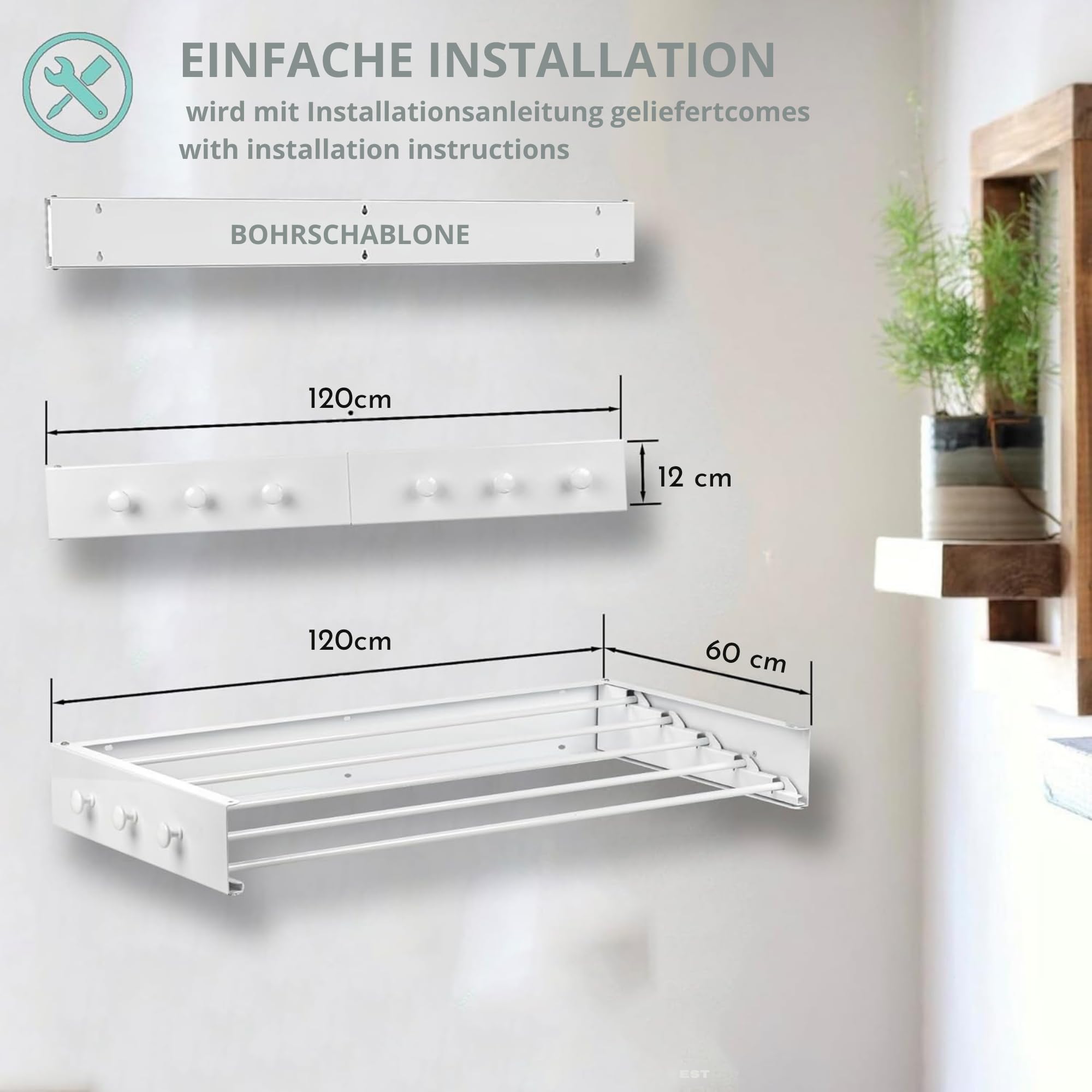 Wäscheständer Wandmontage Oder Wäscheständer Wand. Ausziehbar Und Platzsparend. Wäschetrockner Klein Für Wand. Clothes Drying Rack Zeitlos Praktisch - (120 cm)
