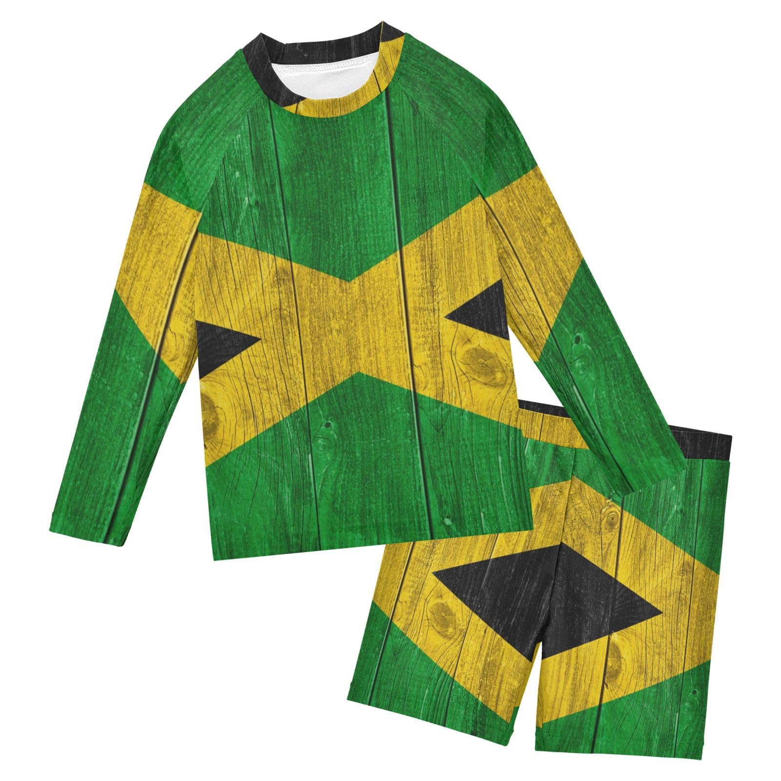 Aflyko Patriot Boys 2-Piece Swimwear Jamaica Flag Wooden Rashguard Set Swim Trunks with Shirt Soft Fabric Board Shorts Comfy for Everyday Swimmer, 5-6T Multicoloured