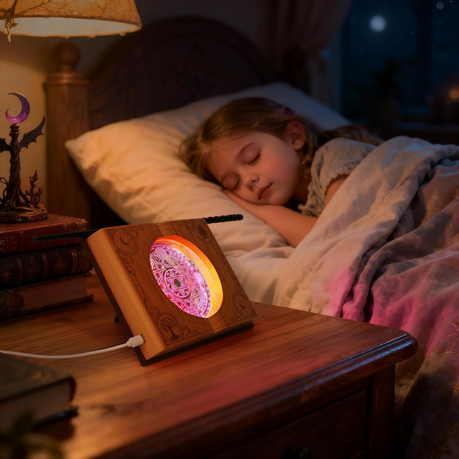 LED学習スタンドライトコンセント付き10Wブラック｜YAZAWA CORPORATION マジックワンドスタンド LEDライト付き デスク装飾用の魅惑的なブックデザイン USB電源木製ディスプレイホルダー 魔法使いや魔法愛