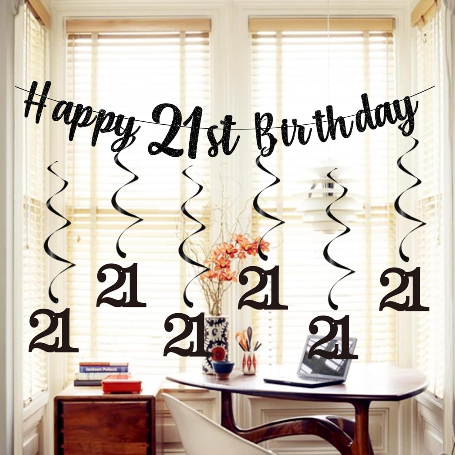 bng-bng 21st Birthday Party Decorations Black with Happy 21st Birthday Bunting Banner Hanging Swirls Streamers for Men Women Adult 21 Birthday Anniversary Party Decor Supplies