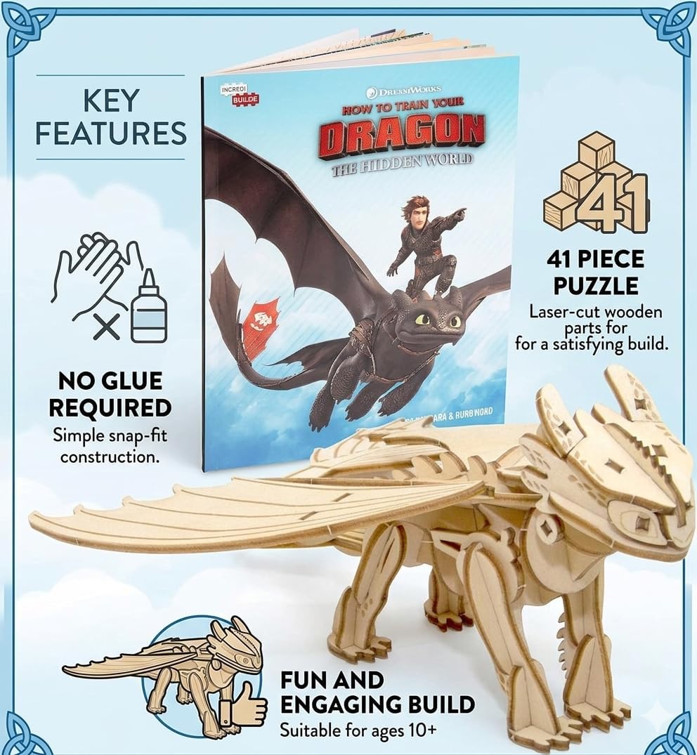 DreamWorks How to Train Your Dragon Toothless 3D Wood Puzzle Model Kit (41 Pcs) with Book - Build & Paint Your Own 3-D Dragon Figure Toy No Glue Required - Collectible Gift for Kids,Teens & Adults(8+)