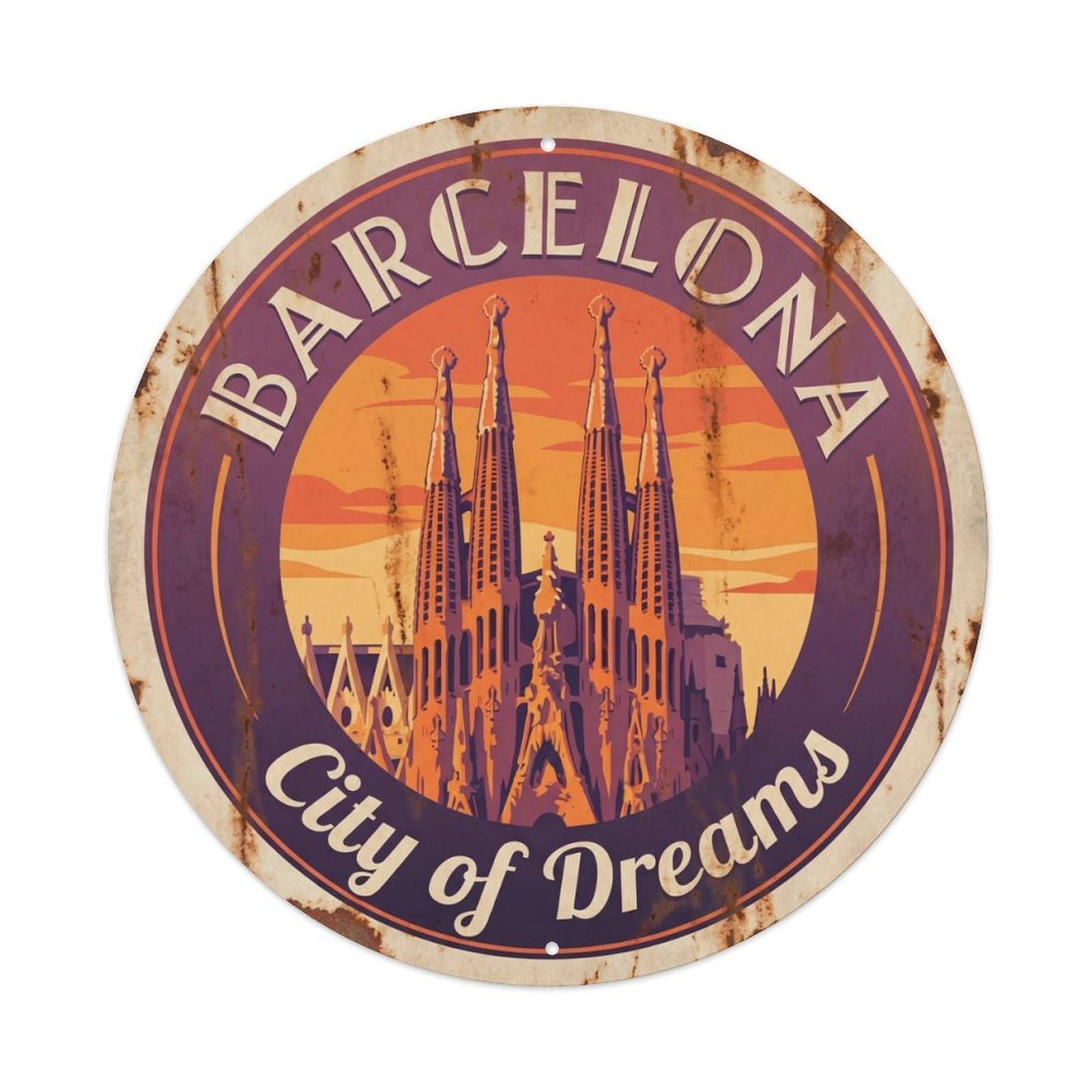 Vintage Travel Barcelona Sagrada Familia Metal Tin Sign Plaque Wall Decor for Cafe, Club, Garden Round Metal Poster 8x8Inch