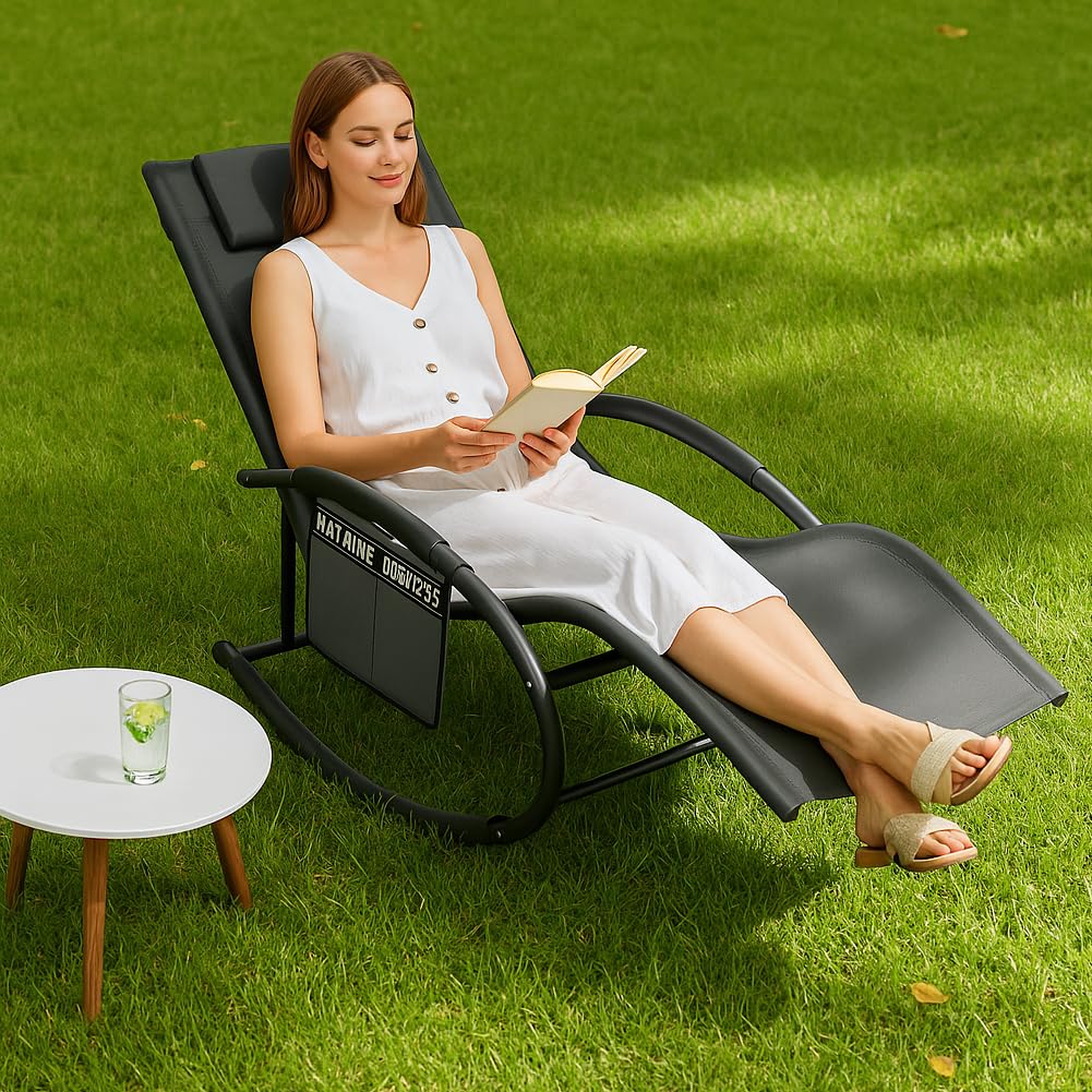 BAKAJI Sedia Sdraio a Dondolo da Giardino, Lettino Prendisole Gravità Zero con Rivestimento in Textilene con Poggiatesta, Poltrona per Esterni ed Interni, Balcone, Patio, Terrazzo (Grigio)