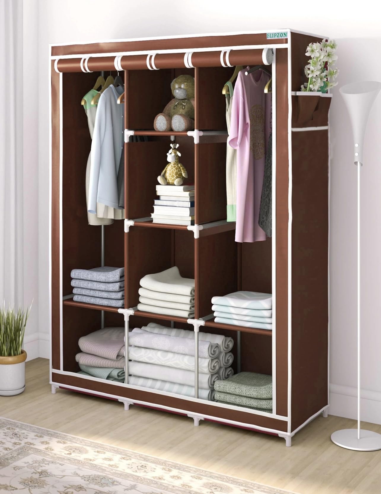FLIPZON6 + 2 Shelves 3 Door Fancy Collapsible Wardrobe, Cupboard for Clothes Racks with Zip Door Cover & Side Pockets, Foldable DIY(Do-It-Yourself), Brown