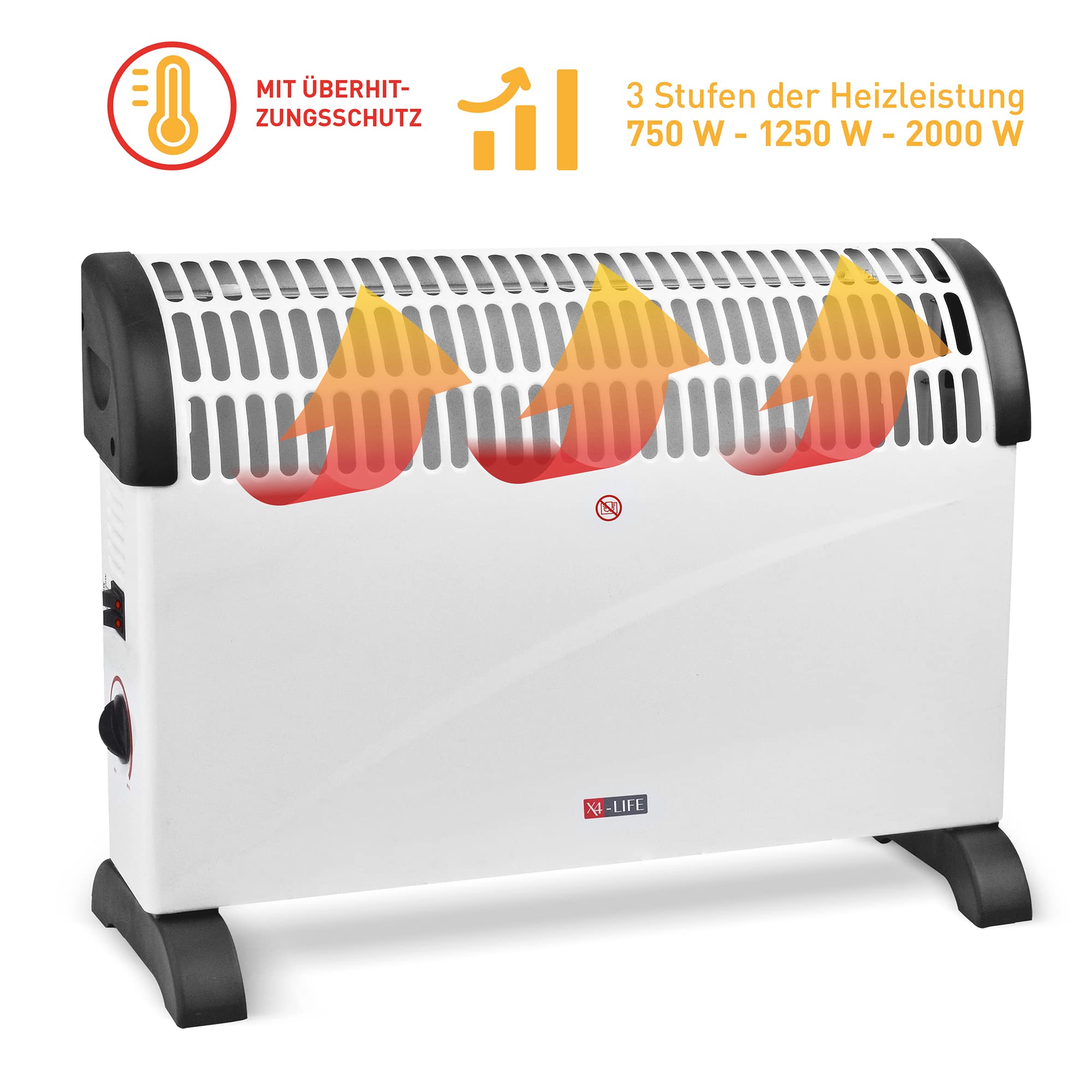X4LIFE Convecteur avec 3 niveaux de régulation de la chaleur 750 W, 1250 W et 2000 W, radiateur électrique, protection contre la surchauffe avec témoin lumineux, chauffe jusqu'à 25 m², chauffage de
