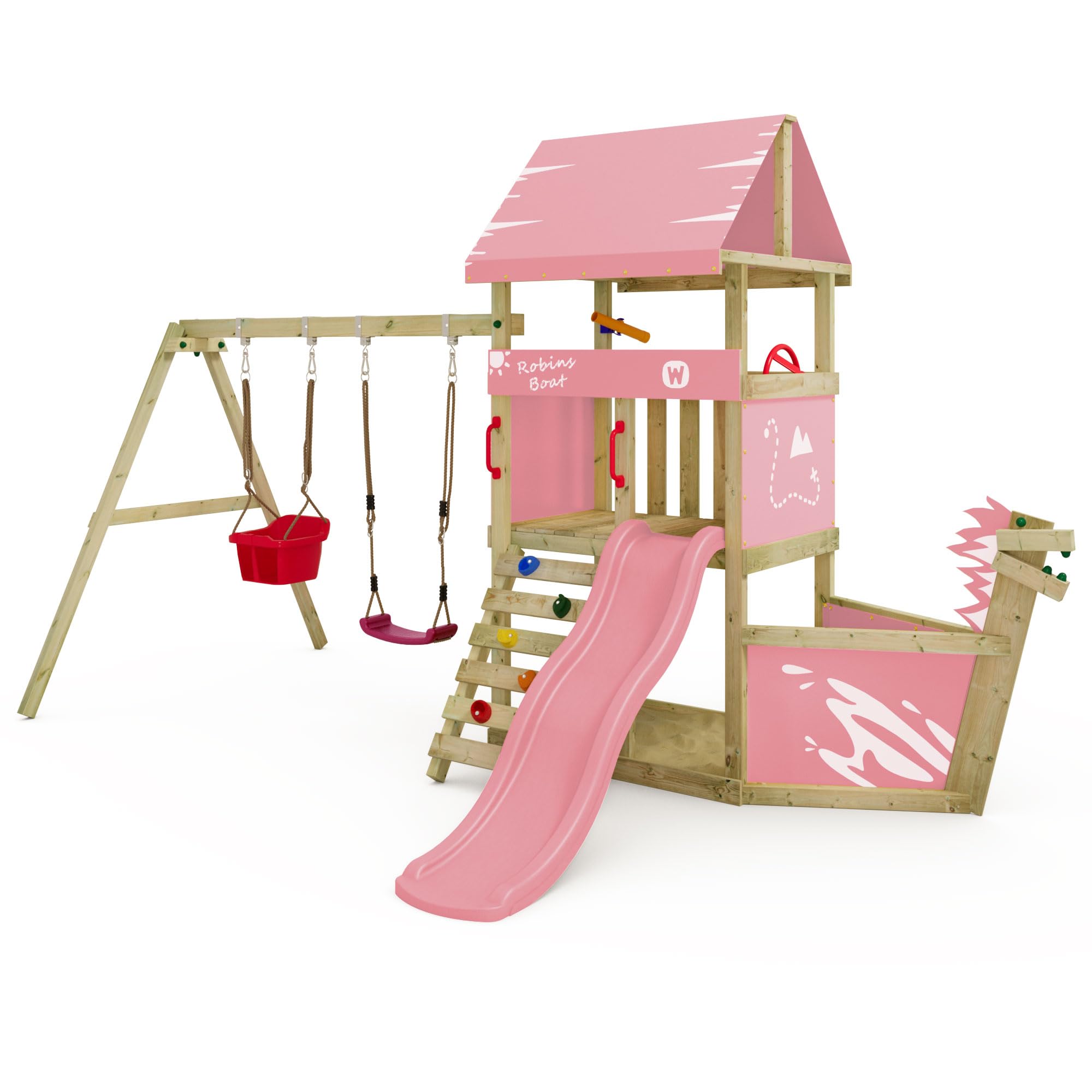 Wickey Parco giochi DinkyHouse con naso di nave - con scivolo & telone rosa pastello - Torre di arrampicata per bambini per il giardino in legno massiccio - 372x317x247 cm