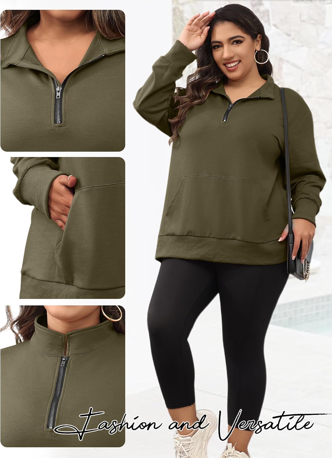 TAKEYAL Plus Size Sweatshirts for Women Pockets Half Zip Pullover Long Sleeve Oversized Drop Shoulder Y2K Clothes - Image 5