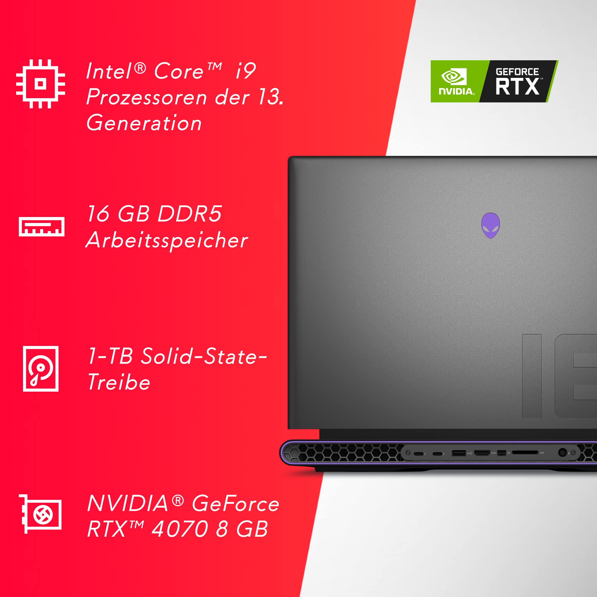 Alienware m18 Gaming Laptop | 13. Gen Intel Core i9 13900HX Prozessor | 18'' FHD+ 480Hz 3ms Display | 16GB DDR5 4800MHz | 1TB NVMe SSD | NVIDIA GeForce RTX 4070 8GB GDDR6 | Windows 11 | QWERTZ