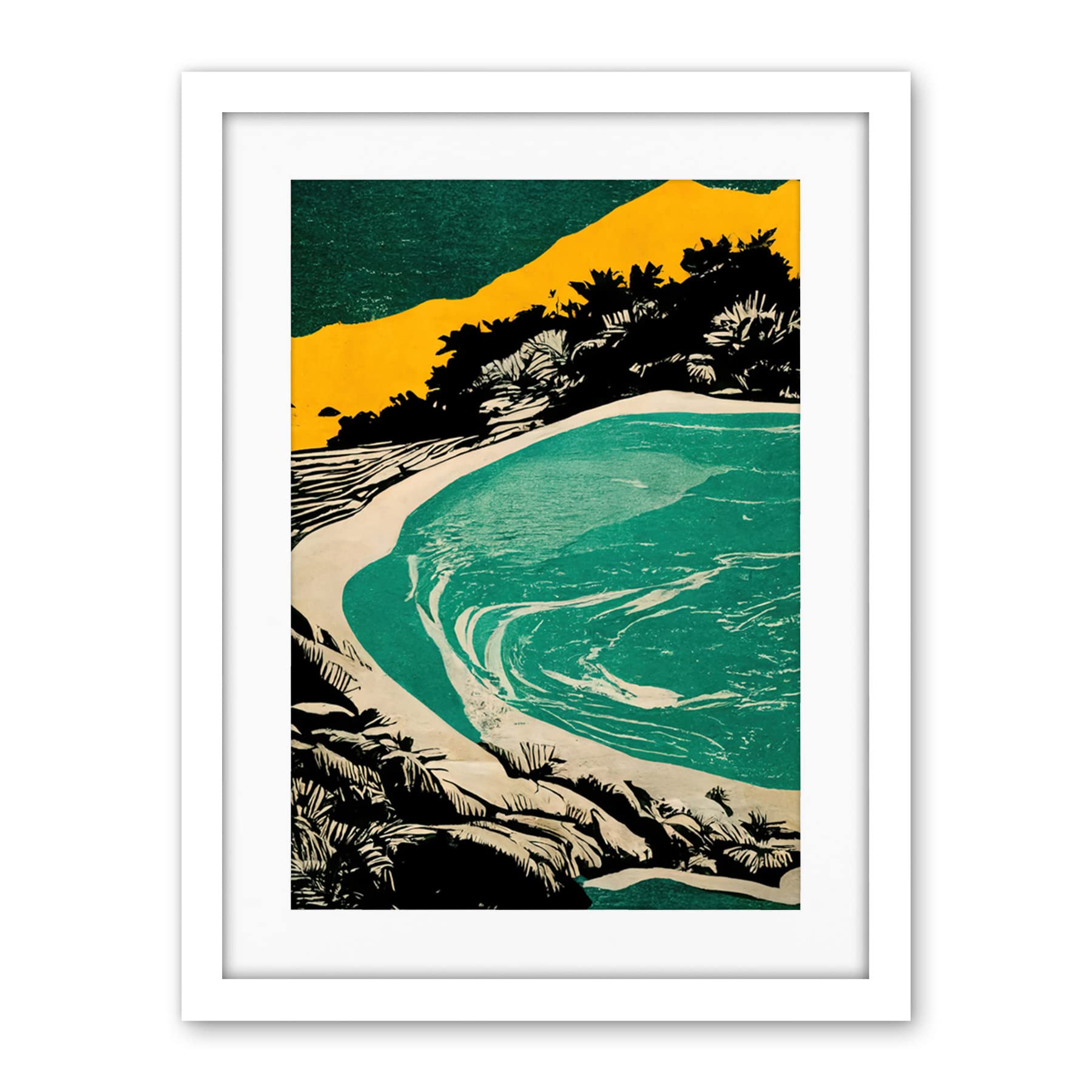 Wee Blue Coo Beach Lagoon Abstract Marbled Seascape Mustard Teal Artwork Framed Wall Art Print 18X24 Inch